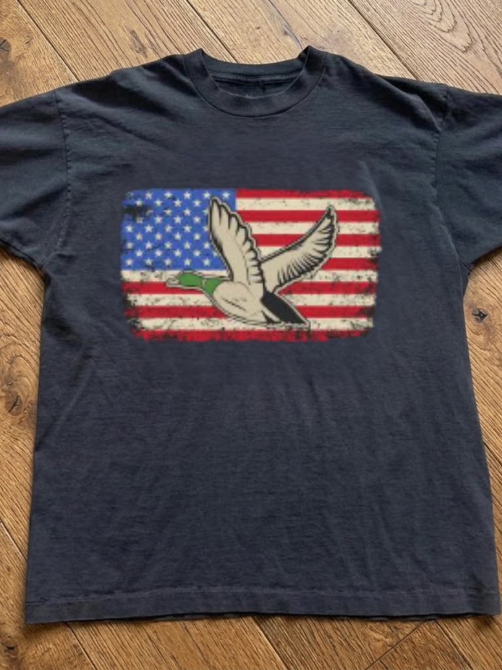 Gildan Black Tee with American Flag and Flying Mallard